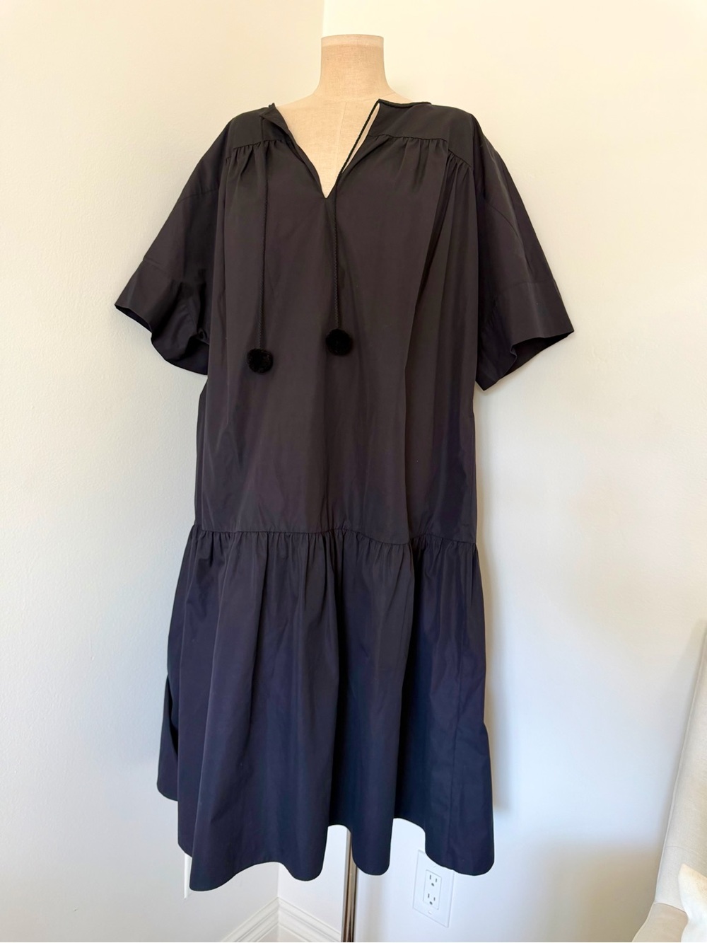 Black Pom-Tie Tiered Poplin Dress
